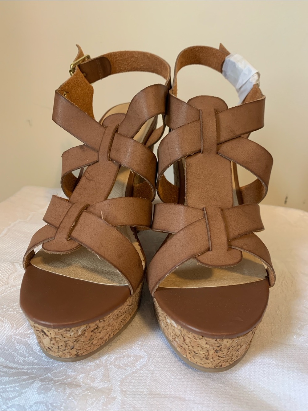 Women’s Tan Cork Wedge Sandals with Crisscross Straps